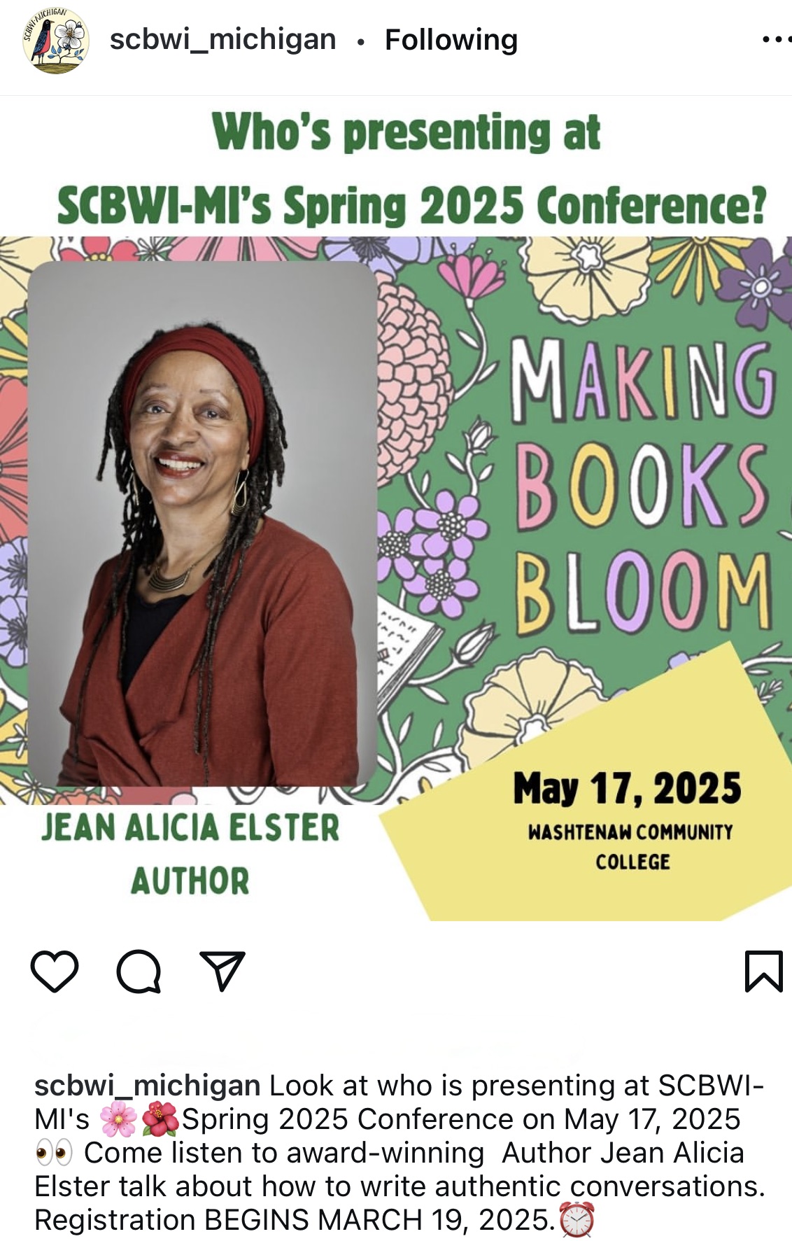 Jean Alicia Elster: presenter at Society of Children's Book Writers and Illustrators-Michigan Chapter conference